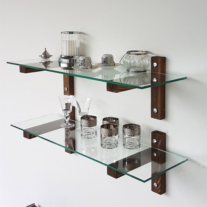 Hanah Home R200 Estantería de pared de cristal templado y madera de pino, Nogal